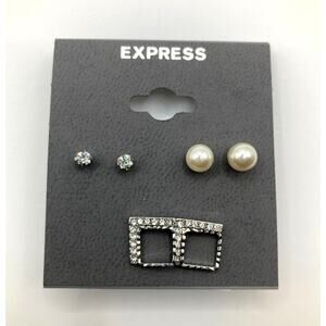 EXPRESS Silver Tone Dainty Stud Earrings 3-Pair Set Rhinestone Faux Pearl NEW
